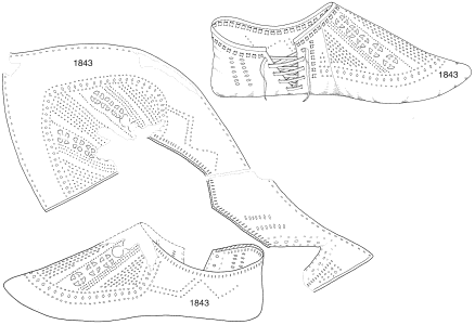 Abbildung Schuhfragment und Rekonstuktionsversuch eines Schuhs mit Durchbruchsarbeit